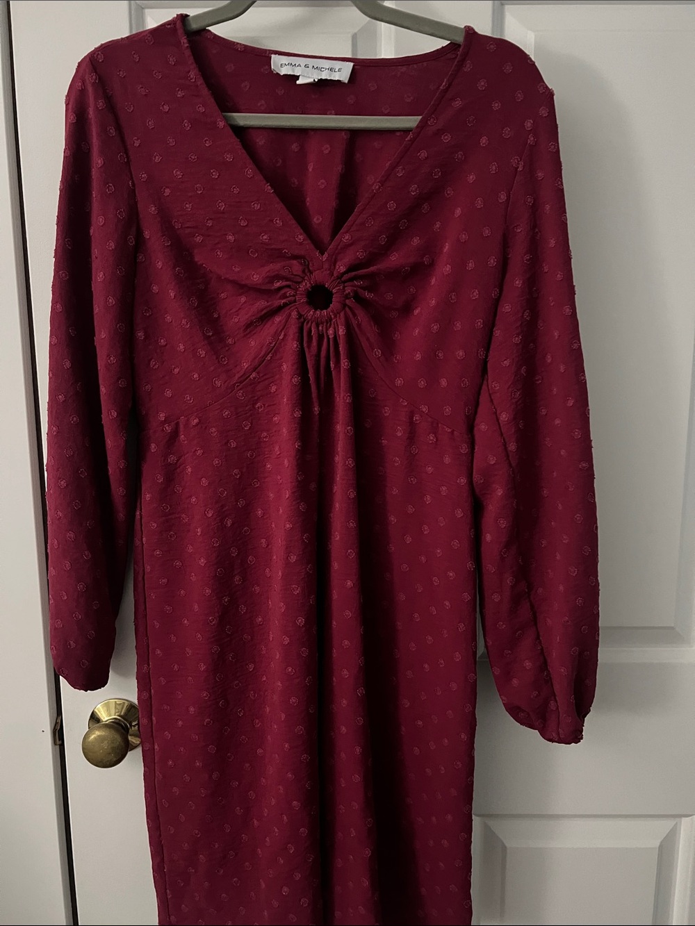Emma & Michele Wine-Red Midi Dress with Gathered Ring Detail